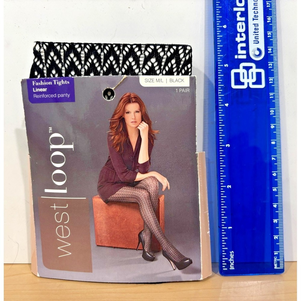 West Loop Linear Pattern Fashion Tights Black Size M/L Reinforced Panty NEW